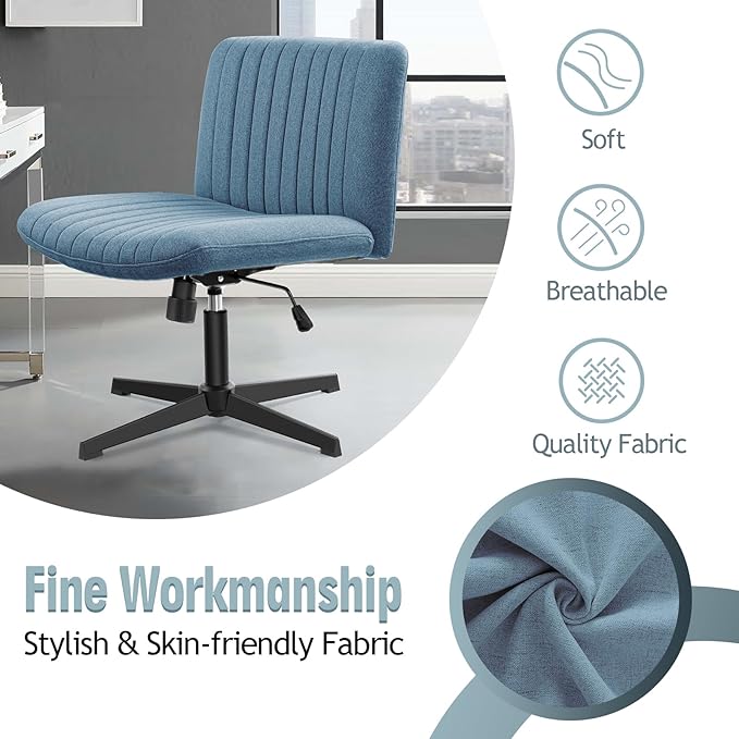 Armless Office Chair no Wheels, Ergonomic Wide Seat Swivel Desk Chair, Height Adjustable Cross Legged Comfortable Computer Chair for Living Room, Vanity Accent Chair Navyblue - LeafyLoom