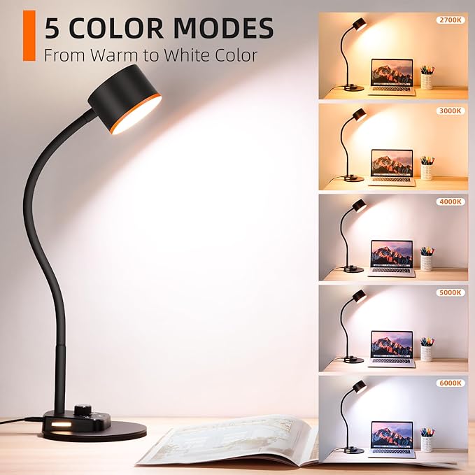 Desk Lamp, LED Desk Lamp with USB C + A Charging Ports, 5 Colors Fully Dimmable Eye Care Reading Lamp for Bedside Table Full Metal Efficient Gooseneck Table Lamp for Home Office Black - LeafyLoom