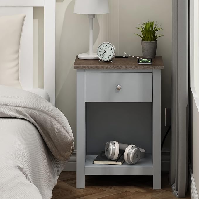 ChooChoo Nightstand with Charging Station, Wooden Top Bedside Table with Drawer and Storage Space for Bedroom, Grey - LeafyLoom