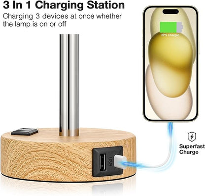 Bedside Table Lamp for Bedroom - 3 Way Dimmable Touch Lamp USB C Charging Ports and AC Outlet, Small Lamp Wood Base Round Flaxen Fabric Shade for Living Room, Desk, LED Bulb Included - LeafyLoom