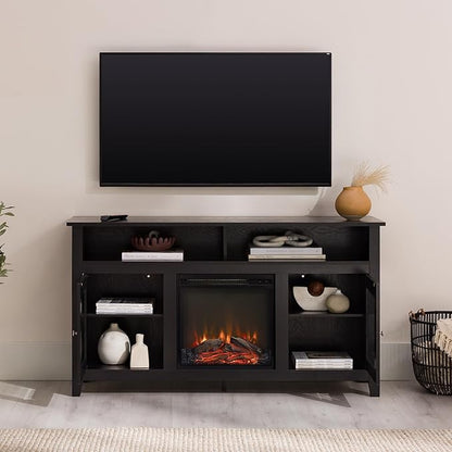 Walker Edison Glenwood Rustic Farmhouse Glass Door Highboy Fireplace TV Stand for TVs up to 65 Inches, 58 Inch, Black - LeafyLoom