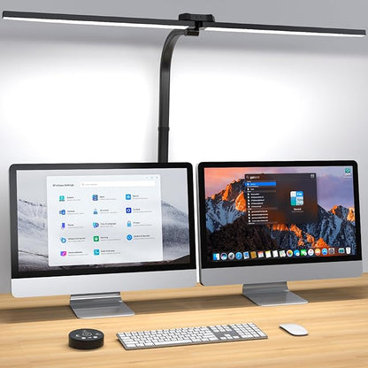 LED Desk Lamp for Home Office, Dual Head Architect Lamp with Clamp, Desk Light for Dual Computer Monitor, 24W 2000LM Dimmable, 2700K/4500K/6500K Adjustable, Gooseneck Desk Lighting for Workbench Study - LeafyLoom