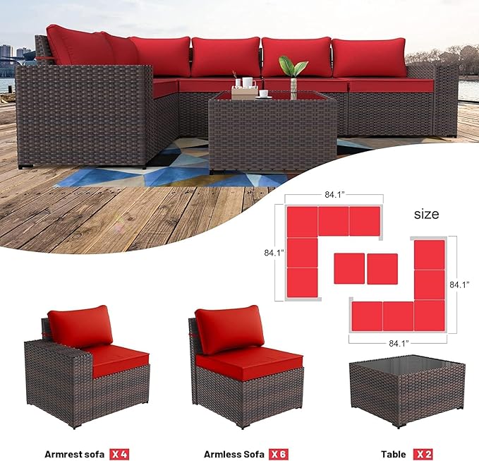 Kullavik 12PCS Outdoor Patio Furniture Set PE Wicker Rattan Sectional Sofa Patio Conversation Sets,Red - LeafyLoom