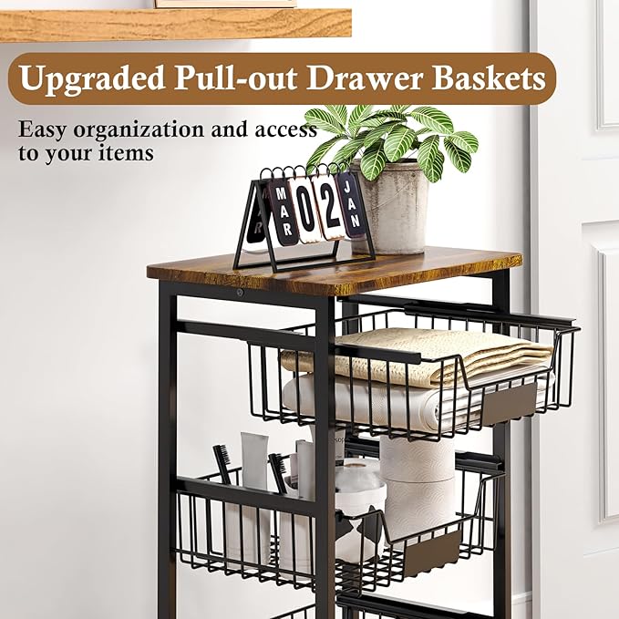 Fruit Basket, 5-Tier Utility Kitchen Organizer and Storage Cart with Pull-Out Baskets and Wood Top, Rolling Pantry Kitchen Cart on Wheels for Fruit Potato Onion Vegetable Snack Produce - LeafyLoom