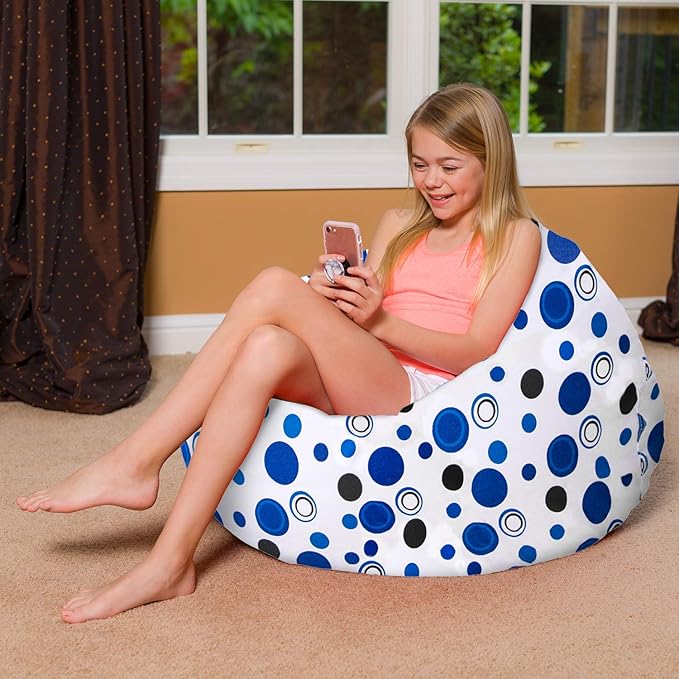 Posh Creations Bean Bag Chair for Kids, Teens, and Adults Includes Removable and Machine Washable Cover, Canvas Bubbles Blue and White, 38in - Large - LeafyLoom