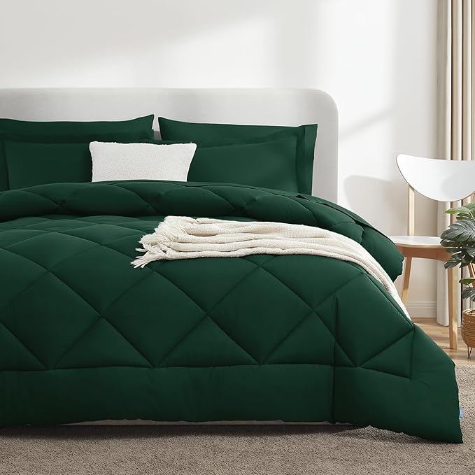 CozyLux Full Comforter Set with Sheets 7 Pieces Bed in a Bag Emerald Green All Season Bedding Sets with Comforter, Pillow Shams, Flat Sheet, Fitted Sheet and Pillowcases - LeafyLoom