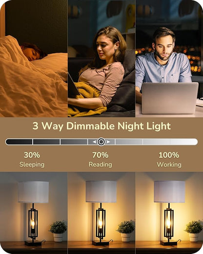 EDISHINE 25.6" Farmhouse Table Lamp with Night Light, Rustic Bedside Lamp Set of 2, A+C USB Ports, Touch 3-Way Dimmable Nightstand Lamp for Living Room, Bedroom, Home Decor - LeafyLoom