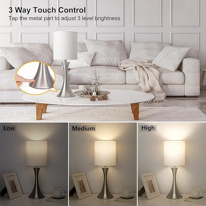 Touch Control Table Lamp, 3-Way Dimmable Bedside Lamp for Living Room, Modern Nightstand Lamp for Bedroom, Silver Table Lamp with White Shade, Desk Lamp for Dorm, Home, Office, 3000K LED Bulb Included - LeafyLoom