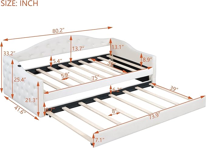 Twin Size Velvet Tufted Upholstered Daybed with Trundle, Modern Solid Wood Sofa Bed w/USB & Type-C Charging Ports, for Bedroom Living Room, No Box-spring Needed, Beige - LeafyLoom
