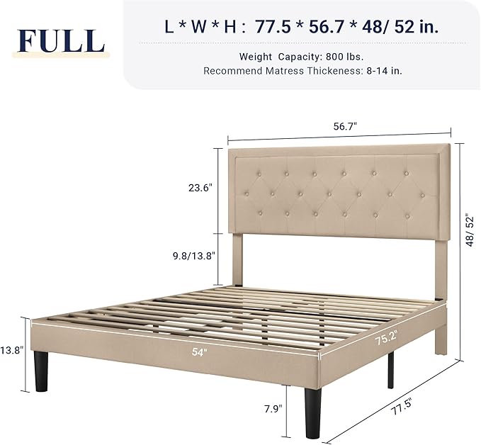 Allewie Full Size Button Tufted Platform Bed Frame/Fabric Upholstered Bed Frame with Adjustable Headboard/Wood Slat Support/Mattress Foundation/Beige (Full) - LeafyLoom