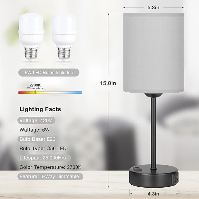 Innqoo Grey Touch Bedroom Lamps Set - 3 Way Dimmable Bedside Lamps with USB C and A Ports and Outlets, Nightstand Lamps with Black Base, Small Lamps for Nursery Office - LeafyLoom