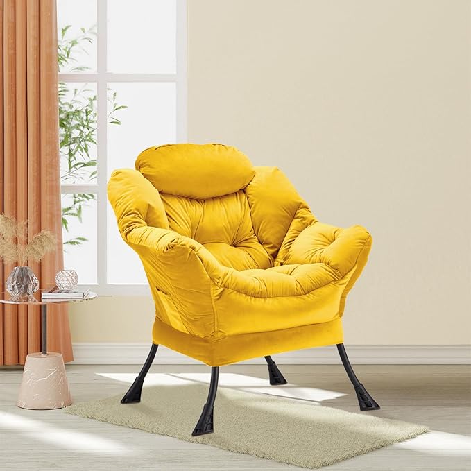 Lazy Chair Thick Padded, Accent Chair Velvet Upholstered with Wide Seat, Stable Metal Frame and Non-Slip Pad, Modern Sofa Armchair with Side Storage Bag for Dorm, Room, Office, Yellow - LeafyLoom