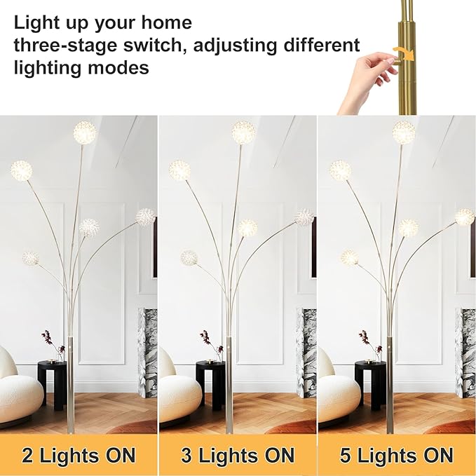 Depuley 5-Light Modern LED Floor Lamp, Adjustable Metal Tall Standing Lamps with Marble Base, Dimmable Arc Floor Lamp with Flexible Rotating Lights for Living Room, Bedroom(Silver, G9 Bulbs Included) - LeafyLoom