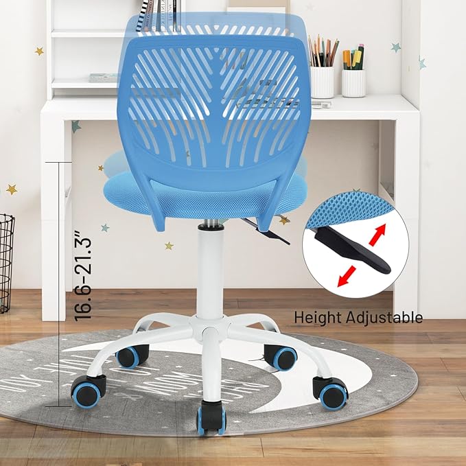 FurnitureR Desk Chair Small Study Chairs Armless for Child Kids Teens, Swivel Rolling Lightweight Task Chair with Wheels and Mesh Padded Cushion, Blue - LeafyLoom