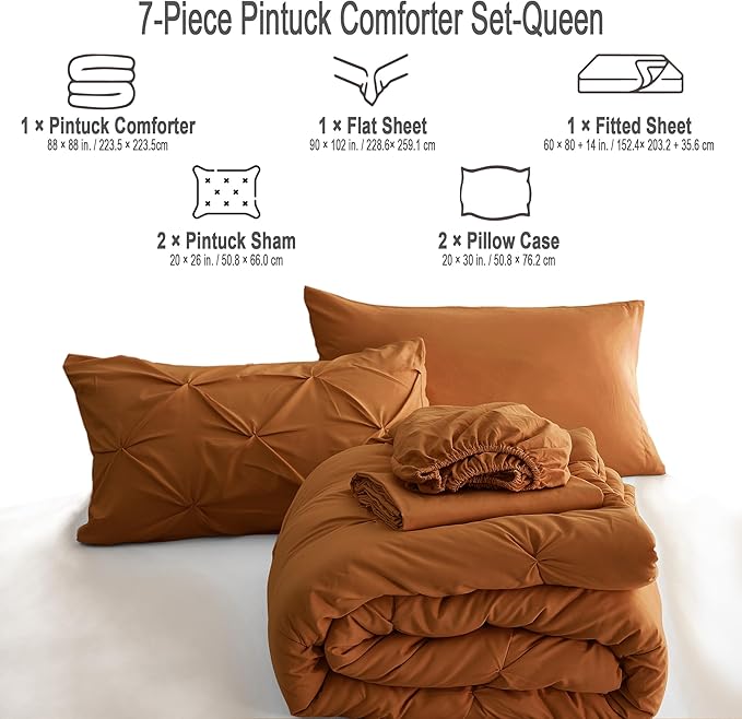 Ubauba 7pc Burnt Orange Queen Comforter Set, Rust 7 Piece Pintuck Bed in a Bag with Sheets, All Season Pinched Pleat Bedding Comforters & Sets,(Rustic, Queen Size) - LeafyLoom