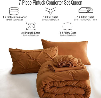 Ubauba 7pc Burnt Orange Queen Comforter Set, Rust 7 Piece Pintuck Bed in a Bag with Sheets, All Season Pinched Pleat Bedding Comforters & Sets,(Rustic, Queen Size) - LeafyLoom