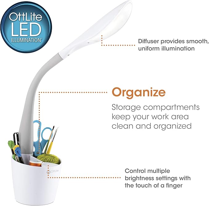 OttLite LED Desk Space Organizer Lamp - 4 Brightness Levels, Additional Storage, Great for Workstation, Offices, Dorms - LeafyLoom