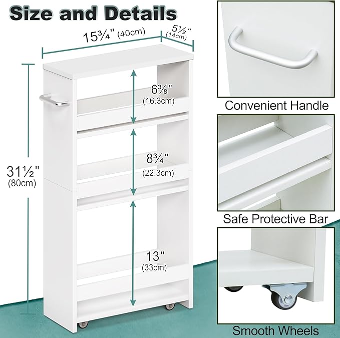 MARTY White Slim Storage Cart with Wheels, 4 Tier Rolling Utility Cart with Handle Slide Out Shelving Unit Organizer Trolley for Laundry Kitchen Bathroom Narrow Places Small Corner - LeafyLoom