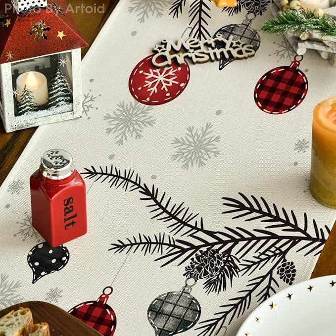 Artoid Mode Grey Pine Trees Snowflake Merry Christmas Table Runner, Winter Xmas Holiday Kitchen Dining Table Decoration for Home Party Decor 13x72 Inch ArtoidMode