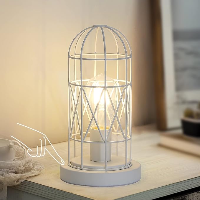 Bedside Touch Lamp, Small Table Lamp for Bedroom Living Room, 3 Way Dimmable Modern Nightstand Lamp, Simple Desk Lamp with White Metal Cage Shade, 2700K LED Bulb Included - LeafyLoom