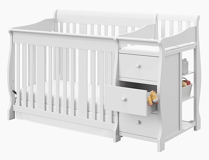 Storkcraft Portofino 5-in-1 Convertible Crib and Changer (White) – Changing-Table Combo with Drawer, Converts to Toddler Bed, Daybed Full-Size Storage Drawer - LeafyLoom