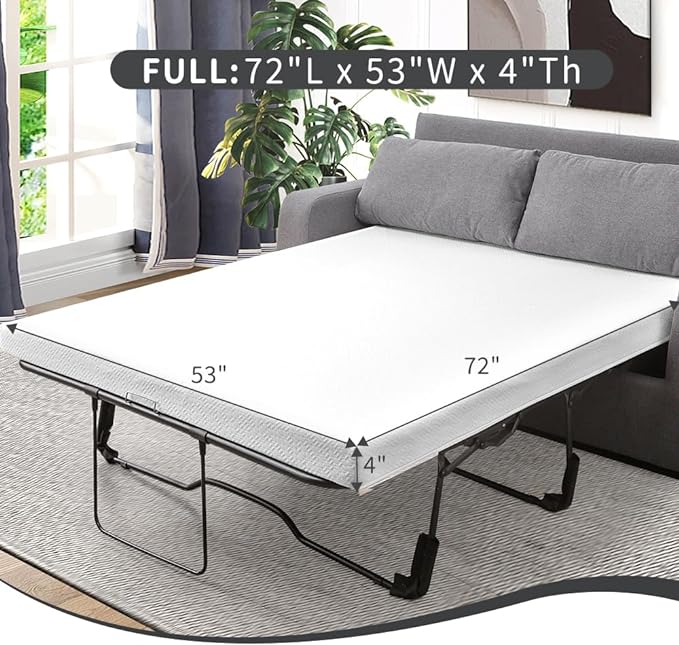 4Inch Memory Foam Sofa Bed Replacement Mattress for Full Size Sleeper Sofa & Couch Beds - Made in USA - Washable Material/Non-Slip Base - Sofa Not Included - 72”L x 53”W x 4”H - LeafyLoom