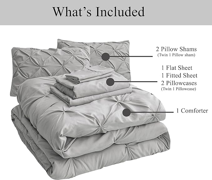 LANE LINEN Twin XL Comforter Set, 5 Piece Twin XL Bedding Set, Pintuck Twin XL Bed in a Bag, Twin XL Bed Set, Twin XL Bed Comforter Set with Sheets, Pillowcase & Sham, Bedding Comforter Sets - Silver - LeafyLoom