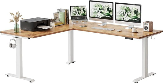 FEZIBO 75 Inches, Supports over 300mlbs, L Shaped Standing Desk Reversible, Electric Height Adjustable Corner Stand up Desk, Sit Stand Desk Computer Workstation, White Frame/Light Rustic Brown Top - LeafyLoom