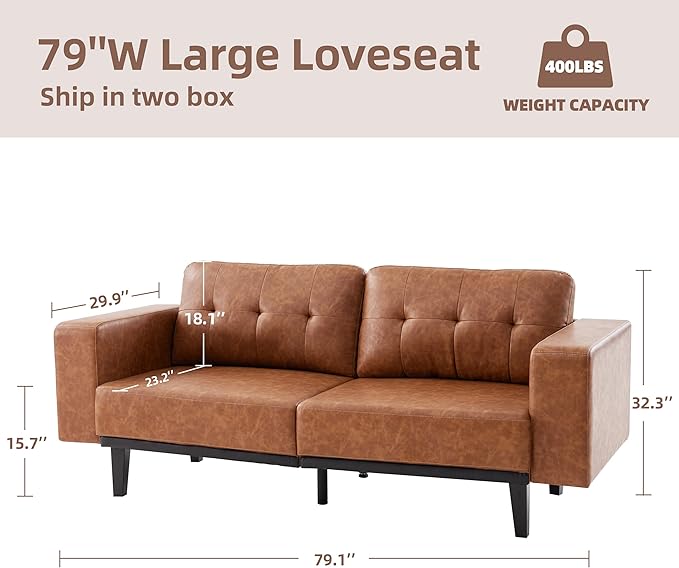 79'' Leather Sofa, 3-Seat Oversized Loveseat Sofa, Mid Century Modern Couch Sofa for Living Room, Deep Brown Faux Leather Couch Bedroom Apartment with Solid Wood Legs Upholstered Cushion, Brown - LeafyLoom