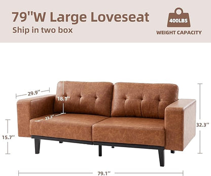 79'' Leather Sofa, 3-Seat Oversized Loveseat Sofa, Mid Century Modern Couch Sofa for Living Room, Deep Brown Faux Leather Couch Bedroom Apartment with Solid Wood Legs Upholstered Cushion, Brown - LeafyLoom