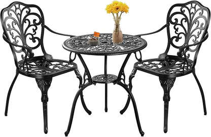 Bistro Table and Chairs Set of 2, Cast Aluminum Patio Furniture, Outdoor Bistro Set 3 Piece with Umbrella Hole for Balcony Porch Yard - LeafyLoom