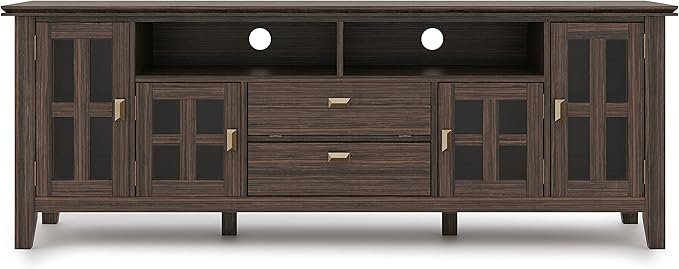 SIMPLIHOME Artisan SOLID WOOD Universal TV Media Stand, 72 inch Wide, Transitional, Living Room Entertainment Center, Storage Cabinet, for Flat Screen TVs up to 80 inches in Farmhouse Brown - LeafyLoom