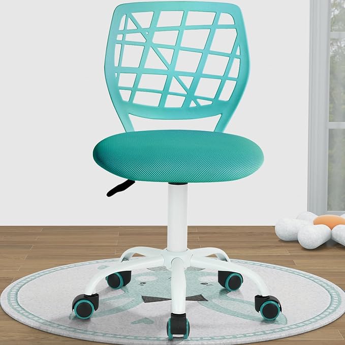 FurnitureR Kids Desk Chair, Armless Office Chair Small Adjsutable Swivel Task Chair with Soft Cushion for Study Kids Teens Child, Turquoise - LeafyLoom