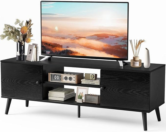 Sweetcrispy TV Stand for 55 60 inch TV, Modern Mid Century Entertainment Center with Storage, Media Console Table 2 Cabinet, Soft Hinge, Handle Door, Wooden Living Room, Office Furniture, Black - LeafyLoom