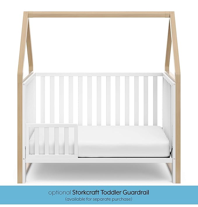 Storkcraft Orchard 5-in-1 Convertible Crib (White with Driftwood) – GREENGUARD Gold Certified, Canopy Style Baby Crib, Converts from Crib to Toddler Bed, Daybed and Full-Size Bed - LeafyLoom