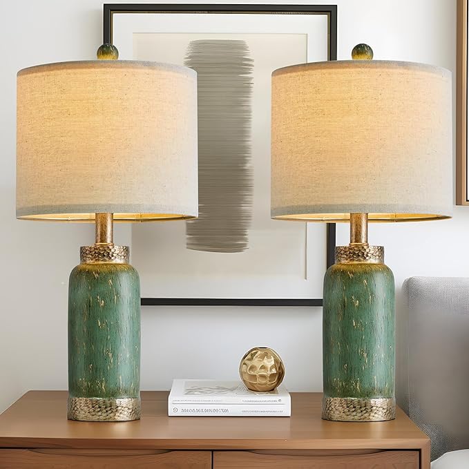 20.25" Table Lamps Set of 2 Small Table Lamp for Bedroom Living Room Green Lamp Farmhouse Lamp Vintage Rustic Boho Bedside Lamps Mid Century Side Table Nightstand Lamp Home Office Retro Deco - LeafyLoom