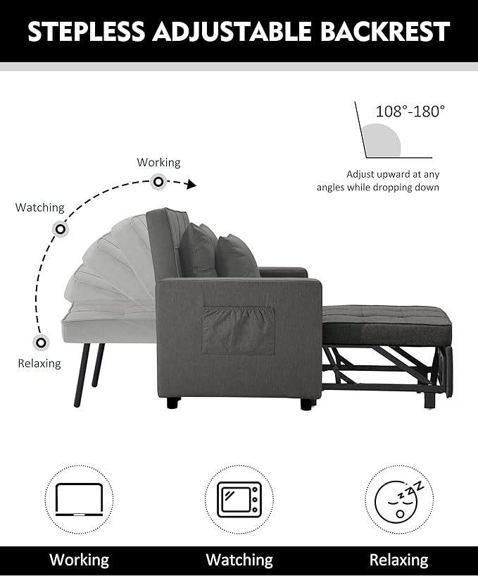 XSPRACER [UPDATED] Convertible Chair Bed, Sleeper Chair Bed 3 in 1, Stepless Adjustable Backrest, Armchair, Sofa, Bed, Fleece, Dark Gray, Single One - LeafyLoom