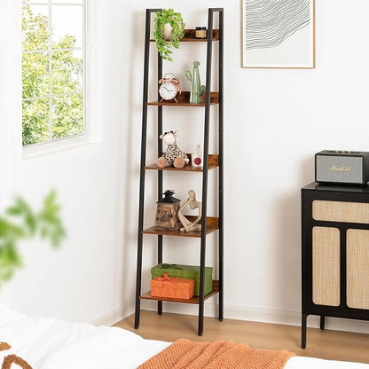 Yoobure Ladder Shelf, 5 Tier Tall Ladder Bookshelf Corner Shelf, Industrial Book Shelf Ladder Bookcase Narrow, Standing Storage Shelves Display Shelf for Bedroom Living Room Office Kitchen Bathroom - LeafyLoom