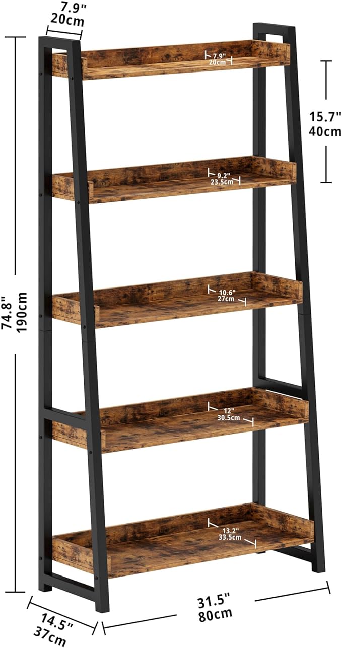 IRONCK Industrial Bookshelf 5-Tier 31.5in Wide, Bookcase Ladder Shelf, Storage Shelves Rack Shelf Unit, Accent Furniture Metal Frame, Home Office Furniture for Bathroom, Living Room - LeafyLoom