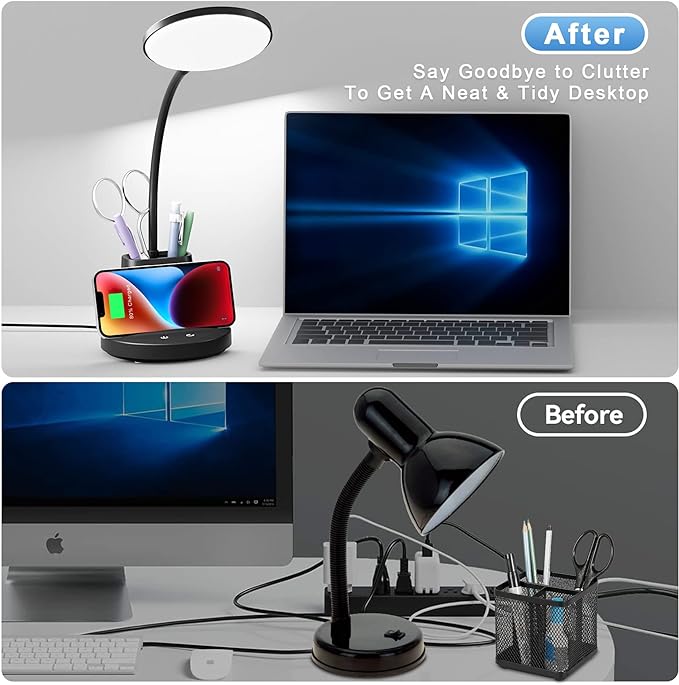 Sailstar Desk Lamp, Desk Lamps for Home Office with Wireless Charger & Pen Holder, 800 Lumens Gooseneck 3 Modes Dimmable Touch Circular LED Desk Light, Small Desk Lamp for College Dorm Room, Black - LeafyLoom