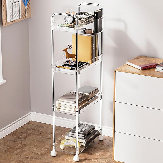 SPACEKEEPER Acrylic Rolling Storage Cart 4 Tier Clear Bathroom Cart Organizer, Transparency Rolling Utility Cart Laundry Room Organization Multifunction Mobile Shelving Unit for Office, Living Room - LeafyLoom