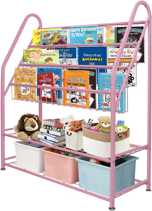 aboxoo Metal Kids Bookshelf Pink Bookcase Freestanding for Children Girls Room 32 inches Large Toddler Pink Stable Bookcase Bookstore Library Book Unit Storage - LeafyLoom