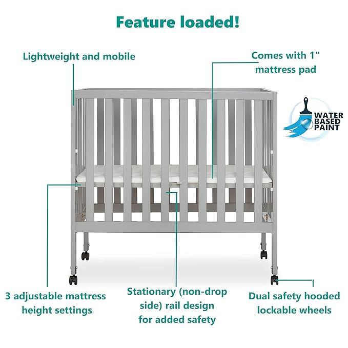 Jett Non-Full Size Folding Convertible Crib, Lightweight Portable Crib, Three Adjustable Mattress Height Settings, Easy to Fold Travel Crib, 1.5” Mattress Pad Included - LeafyLoom