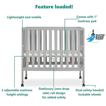 Jett Non-Full Size Folding Convertible Crib, Lightweight Portable Crib, Three Adjustable Mattress Height Settings, Easy to Fold Travel Crib, 1.5” Mattress Pad Included - LeafyLoom