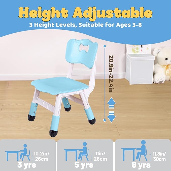 FUNLIO Adjustable Kids Chair (2pcs), 3 Level Height Adjustable Toddler Chair for Ages 3-8, Sturdy Child Chair with Maximum Bearing 220lbs, for Classrooms/Daycares/Homes, CPC & CE Approved - Blue - LeafyLoom