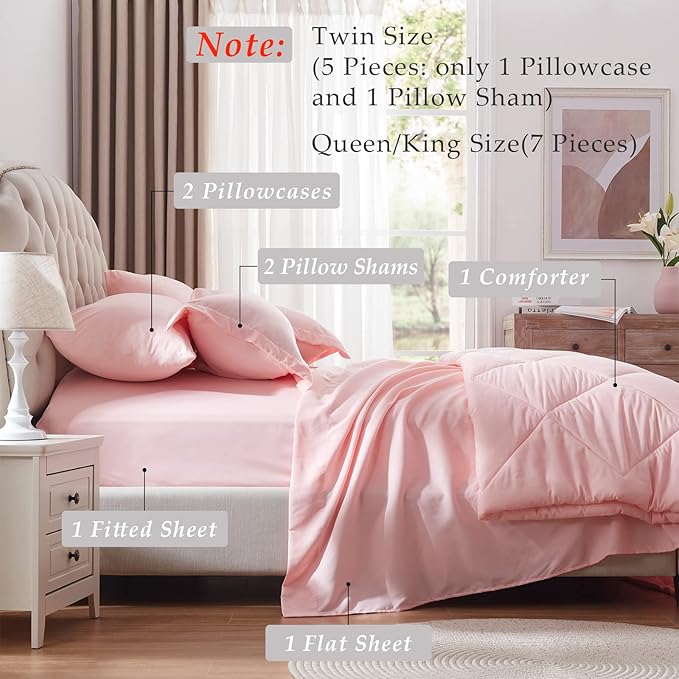 NexHome Pink King Bed in a Bag 7-Pieces Comforter Sets with Comforter and Sheets Soft All Season Bedding Sets with Comforter, Pillow Shams, Flat Sheet, Fitted Sheet and Pillowcases - LeafyLoom