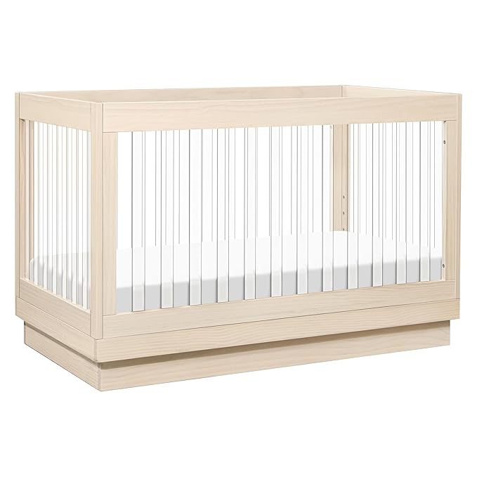 Babyletto Harlow Acrylic 3-in-1 Convertible Crib with Toddler Bed Conversion Kit in Washed Natural with Acrylic Slats, Greenguard Gold Certified - LeafyLoom