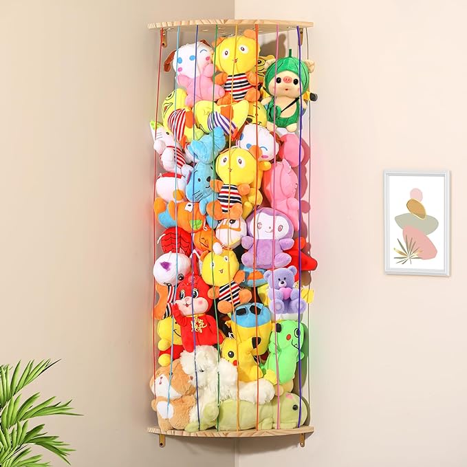 Stuffed Animal Storage Toy Organizer, Wood Corner Plushies Storage Wall Shelf Adjustable Length Stuffed Animal Holder, Large Kids Toy Storage for Nursery Playroom Bedroom Kid Room - LeafyLoom