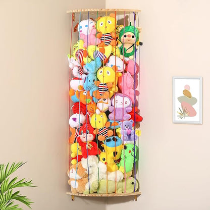 Stuffed Animal Storage Toy Organizer, Wood Corner Plushies Storage Wall Shelf Adjustable Length Stuffed Animal Holder, Large Kids Toy Storage for Nursery Playroom Bedroom Kid Room - LeafyLoom