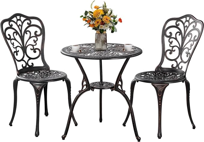 3 Piece Patio Set Metal Bistro Set,Cast Aluminum Outdoor Bistro Table and Chairs Set of 2 with Umbrella Hole,All Weather Patio Bistro Sets for Front Porch Set Garden,Backyard(Bronze) - LeafyLoom